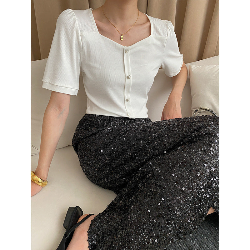 Damen Oberteil Elegantes Design Feine Knöpfe Norvielle - Norvielle