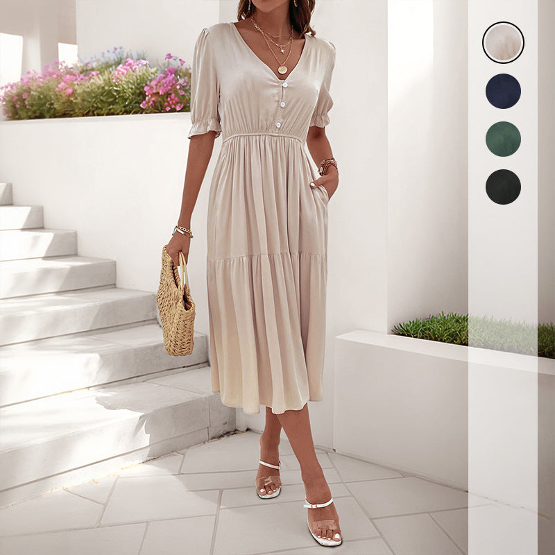 Damen Midi-Kleid Knopfdetail Voluminöse Ärmel Norvielle - Norvielle
