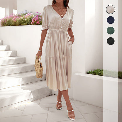 Damen Midi-Kleid Knopfdetail Voluminöse Ärmel Norvielle - Norvielle