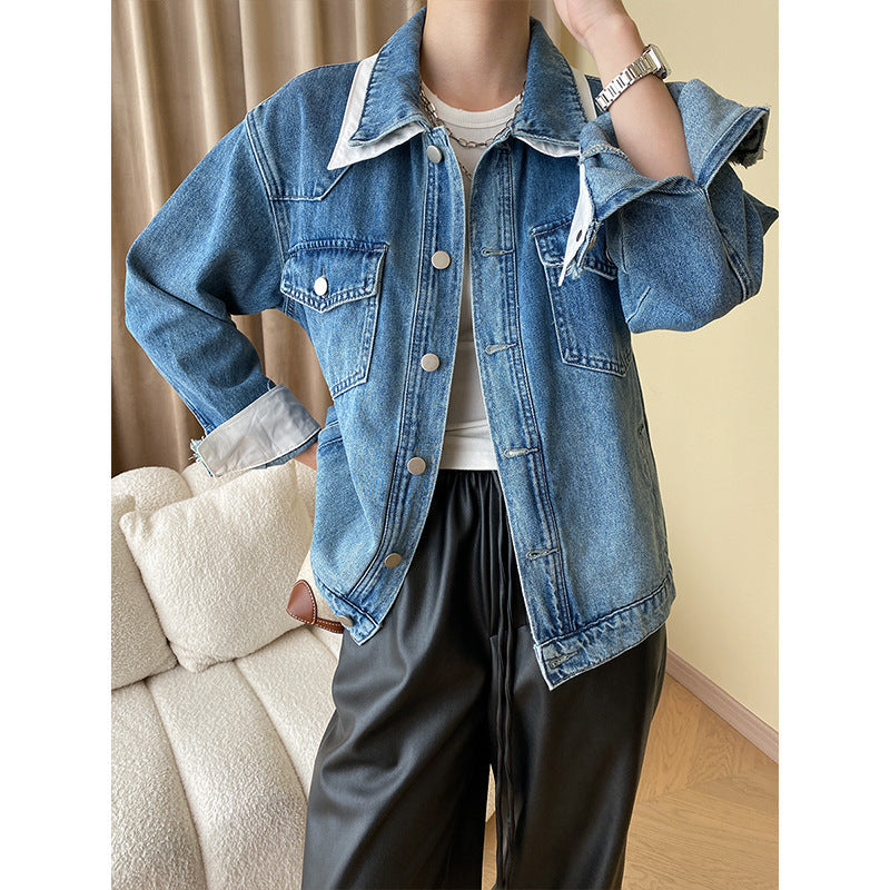 Damen Oversized Jeansjacke mit Kragen und Taschen