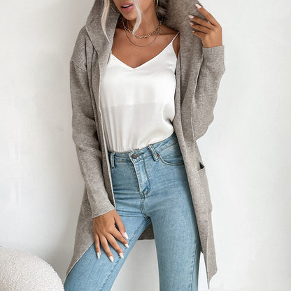 Damen Strickcardigan Offene Front Hochkragen Beige