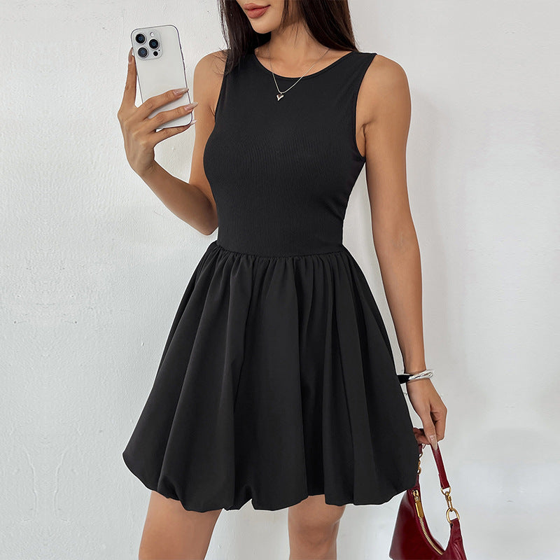 Damen A-Linien Kleid Ärmellos Elastisch Schwarz - Norvielle