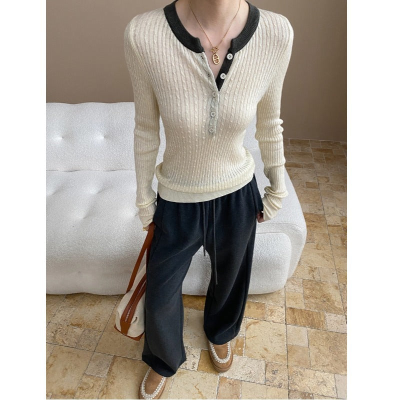 Damen Henley Pullover Rippstruktur Norvielle