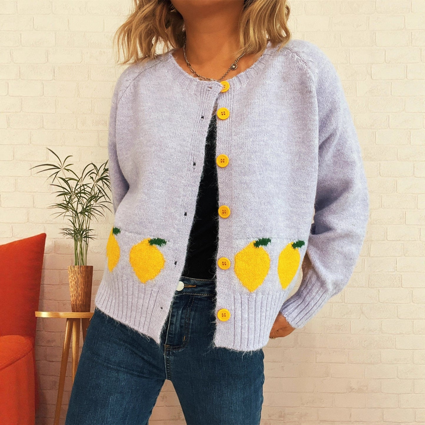 Damen Strickjacke Zitronen-Motiv Bunt Norvielle