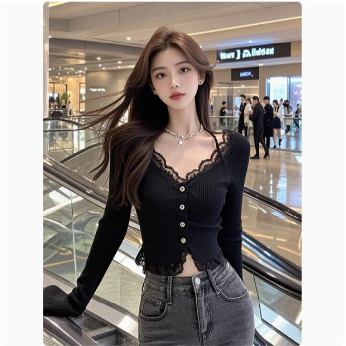 Damen Langarmshirt Spitzenbesatz Norvielle