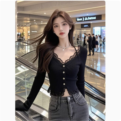 Damen Langarmshirt Spitzenbesatz Norvielle