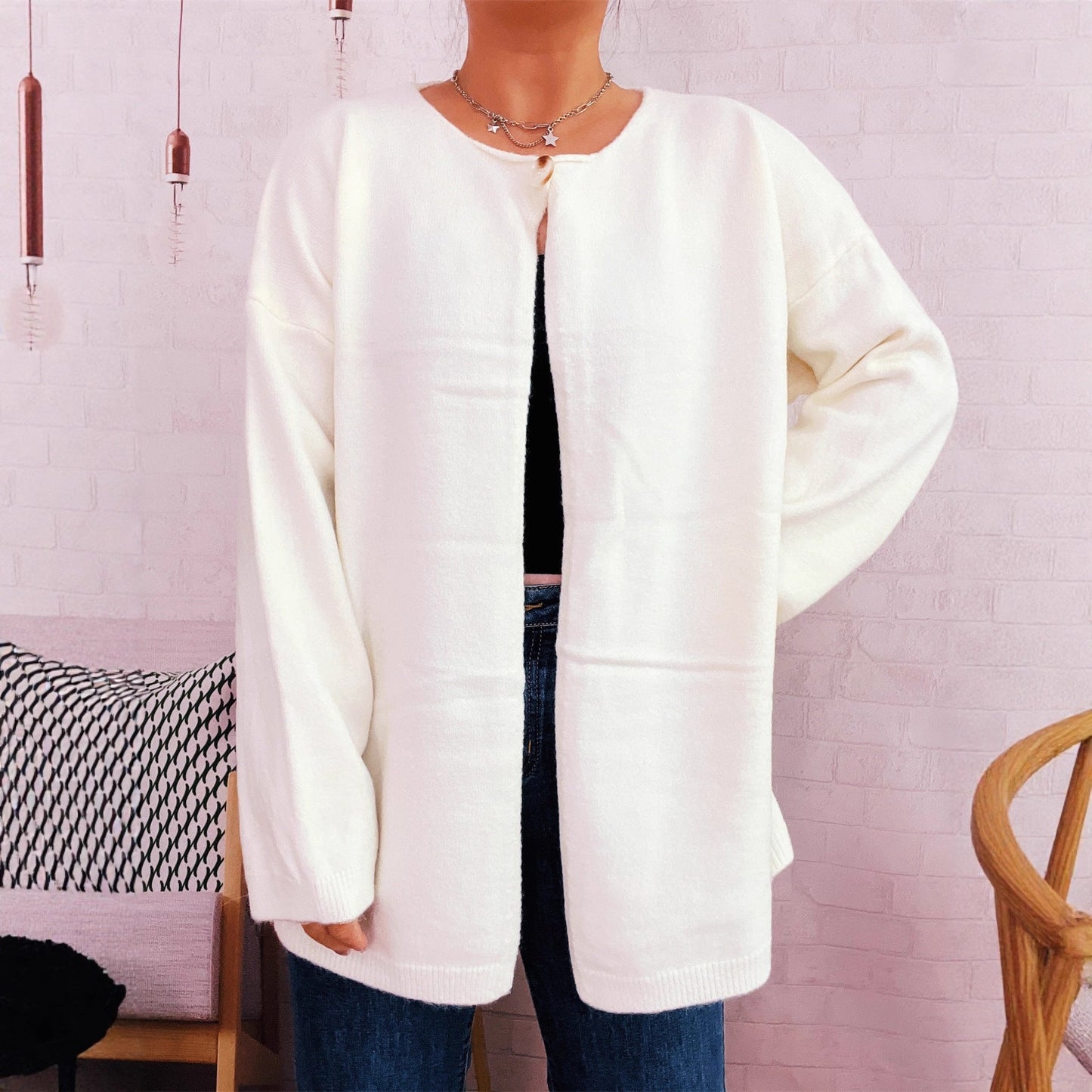 Damen Strickcardigan Weich Offene Vorderseite Beige