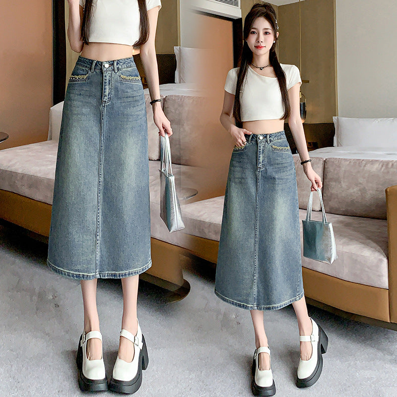 Damen Denim Midi-Rock Schwingender Saum Blau - Norvielle