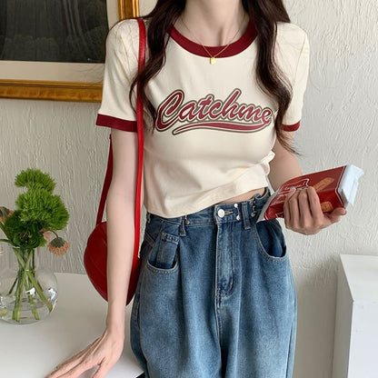 Damen Crop- Kontrast-Ärmel Kreativer Schriftzug Weiblich