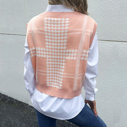 Damen Strickweste V-Ausschnitt Klassisches Muster Beige