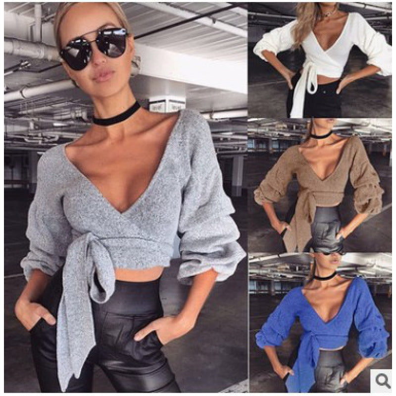 Damen Bluse Wickel-Design Voluminöse Ärmel Norvielle