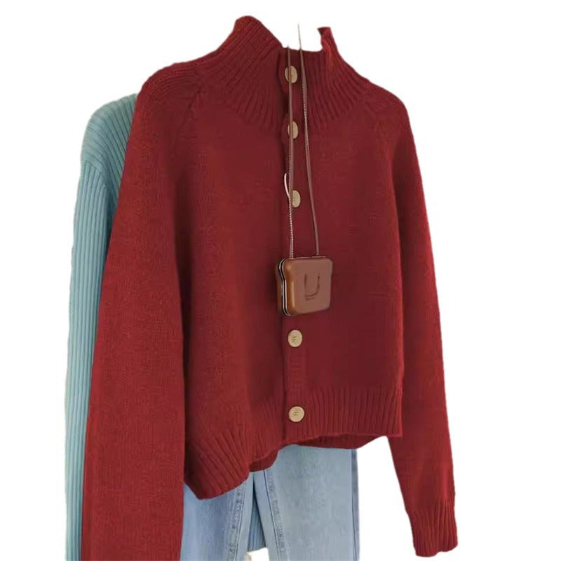 Damen Strickjacke Hochkragen Große Holzknöpfe Norvielle