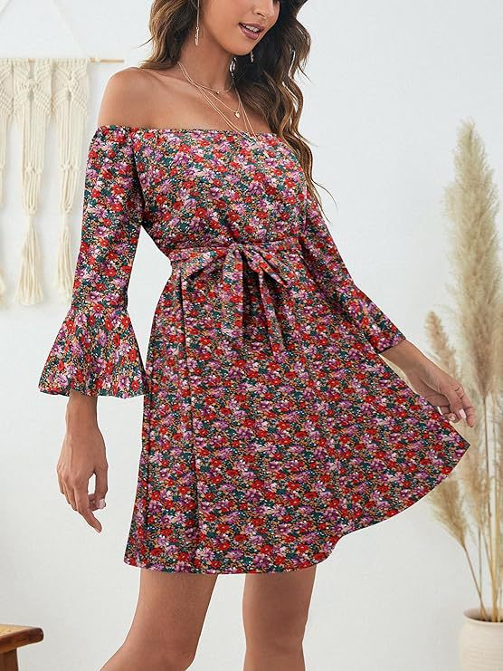 Damen Off-Shoulder-Kleid Bunt Muster