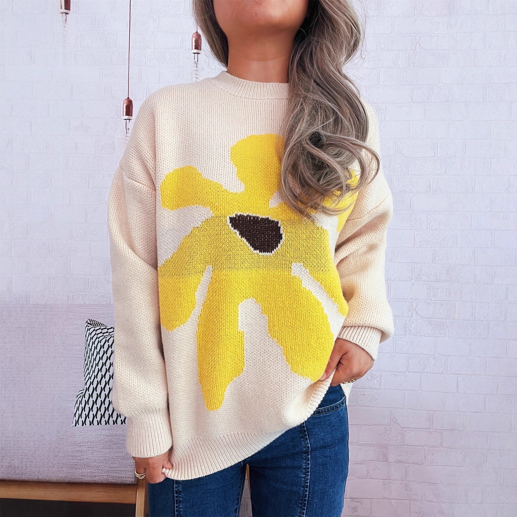 Damen Pullover Lässiger Schnitt Florales Muster Beige - Norvielle