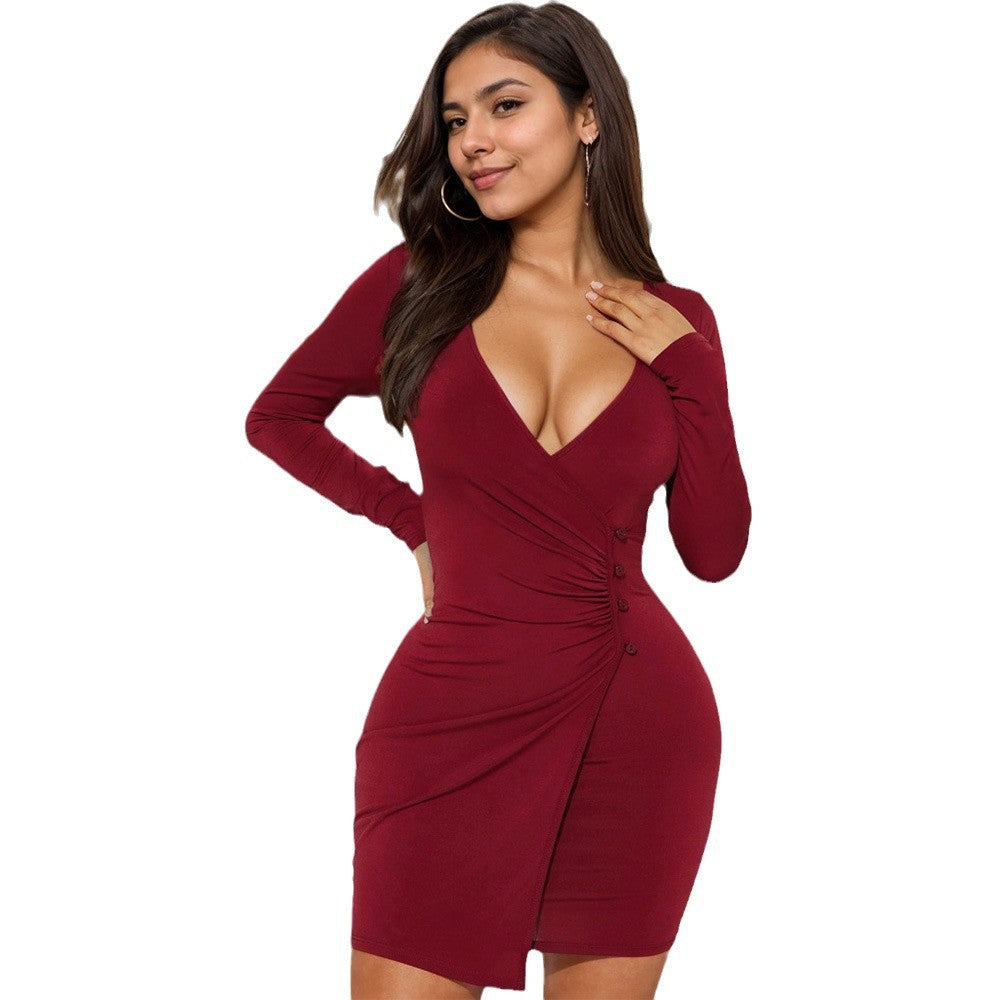 Damen Wickelkleid Figurbetont V-Ausschnitt Knöpfe
