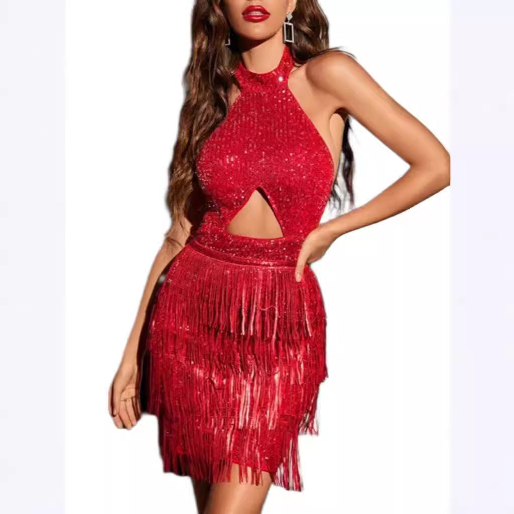 Damen Glitzerndes Fransen-Kleid mit Halterdesign