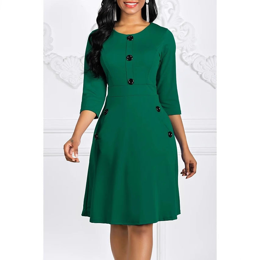 Damen Knieumspielendes Kleid mit Schmuckknöpfen 3/4-Ärmel