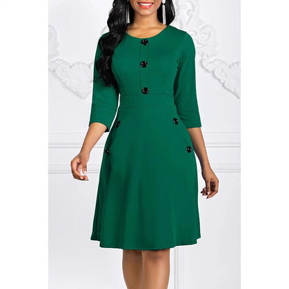Damen Knieumspielendes Kleid mit Schmuckknöpfen 3/4-Ärmel