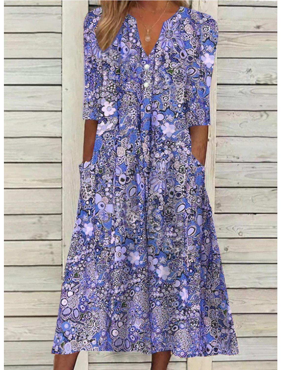 Damen Blumenkleid Midi mit Taschen