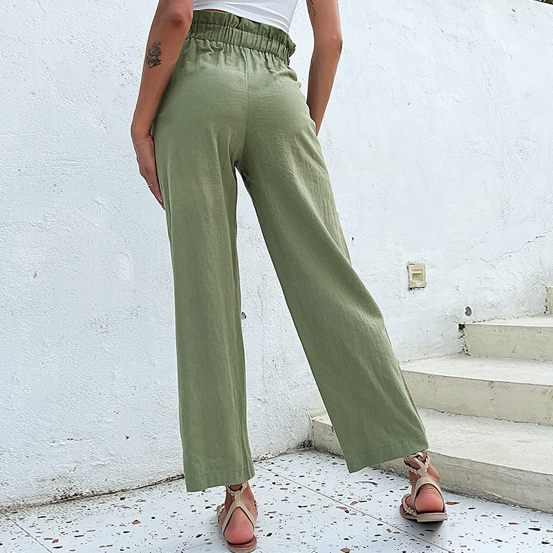 Damen Leinenhose Hohe Taille Dekorative Knöpfe Beige