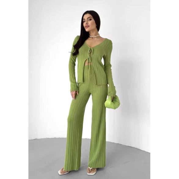 Damen Strick-Set V-Ausschnitt Kordelzug Norvielle