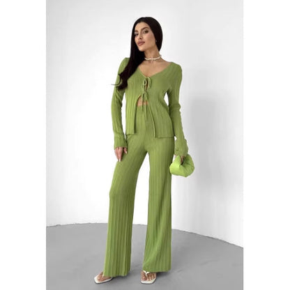 Damen Strick-Set V-Ausschnitt Kordelzug Norvielle