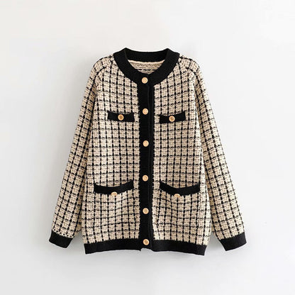 Damen Strickjacke Karomuster Dekorative Knöpfe Norvielle