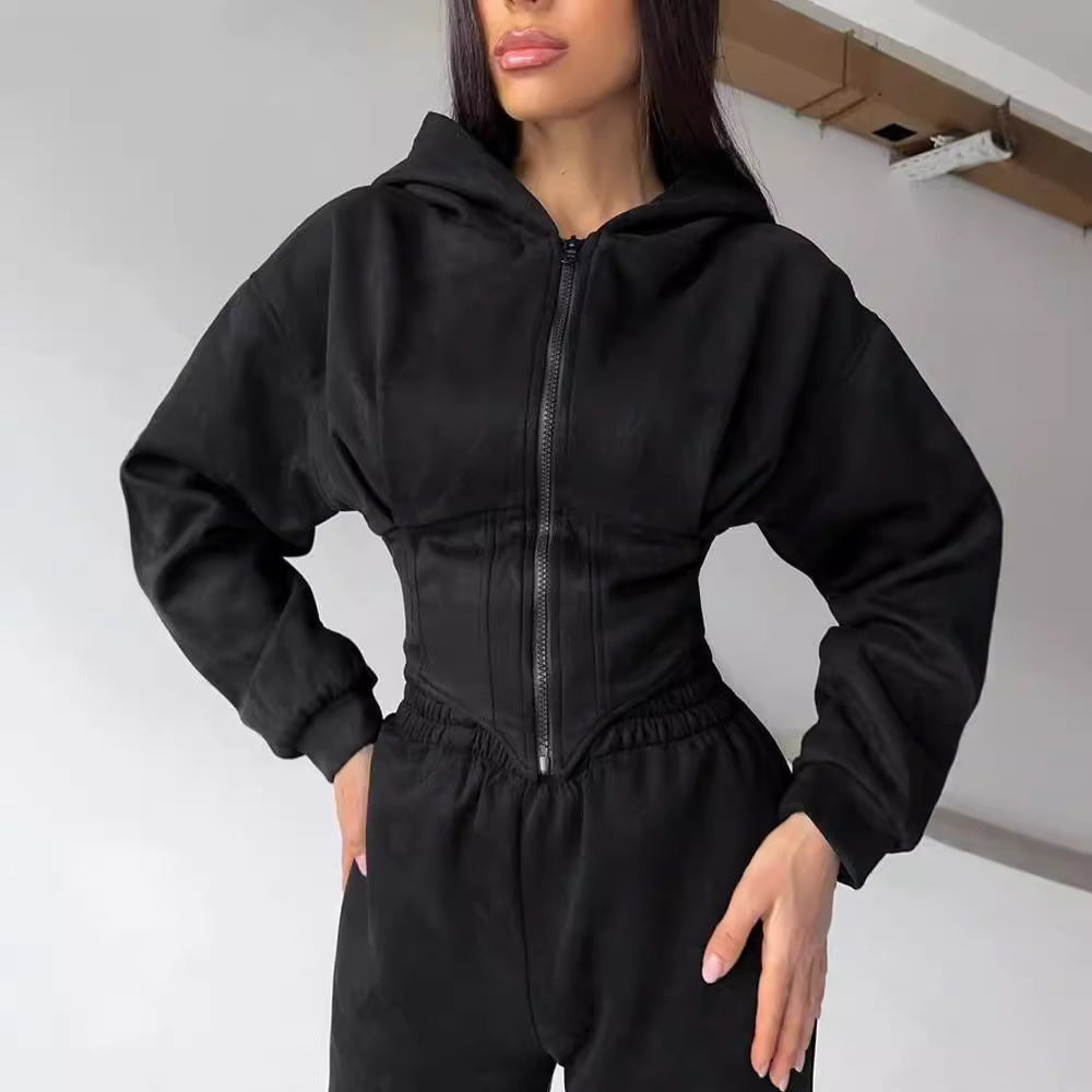 Damen Jumpsuit Tailliert Sportliche Kapuze Norvielle