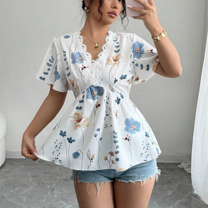 Damen Bluse mit floralem Muster Spitzenakzenten Norvielle