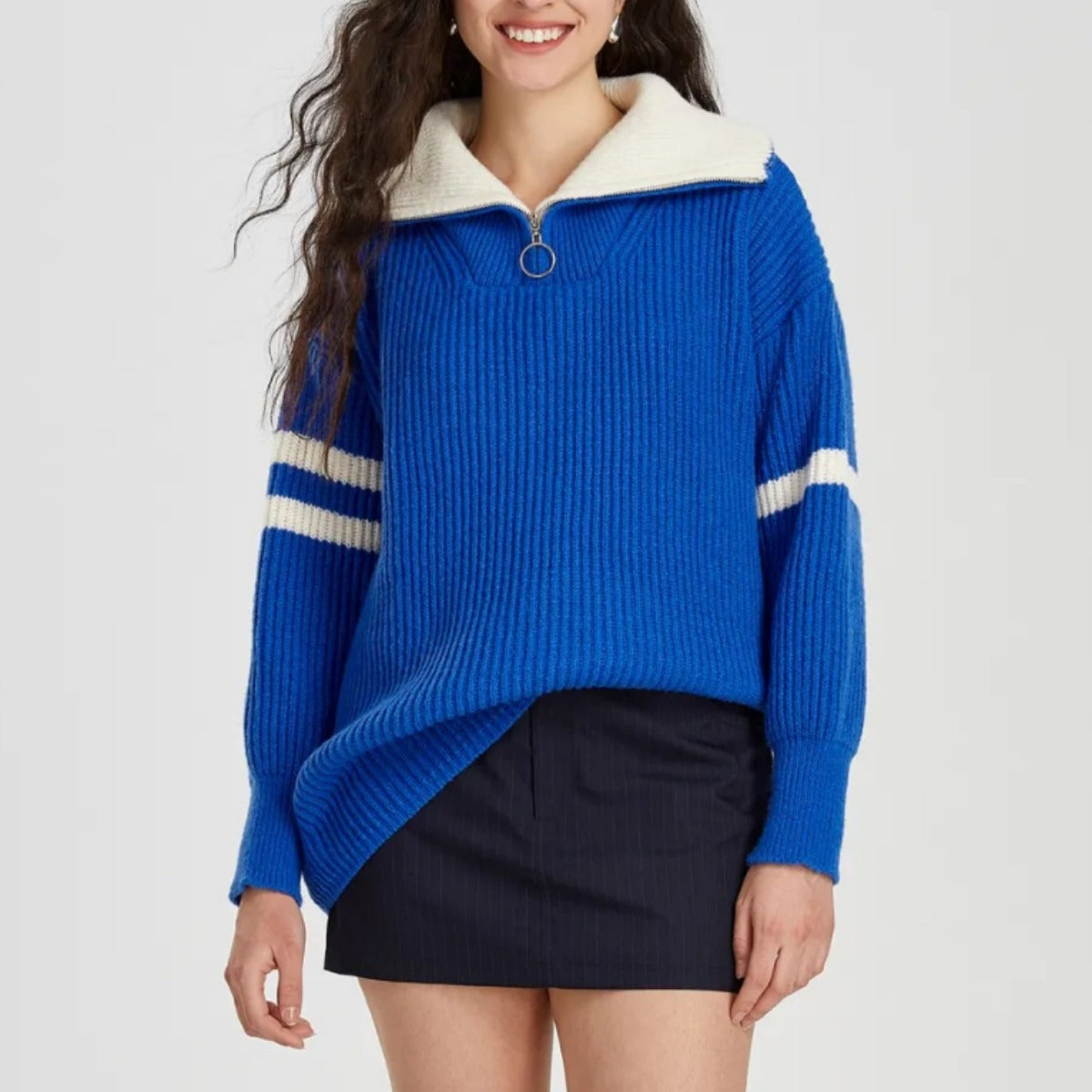 Damen Strickpullover Stehkragen Dekorative Streifen Norvielle - Norvielle