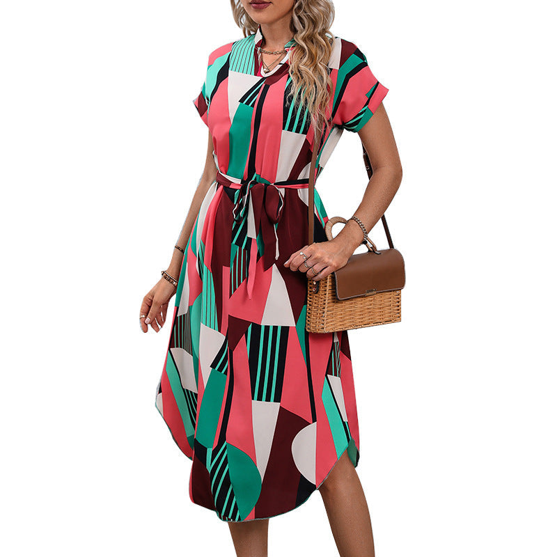 Damen Maxikleid Geometrisches Design Taillengürtel Norvielle