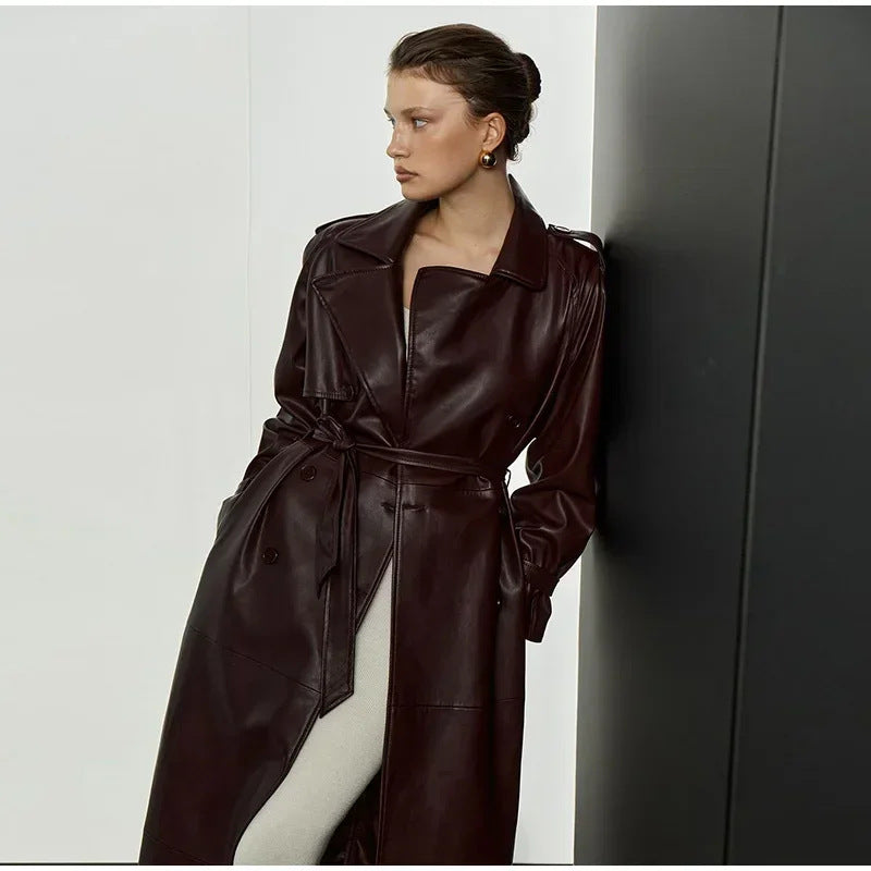 Damen Trenchcoat Kunstleder Mit Gürtel
