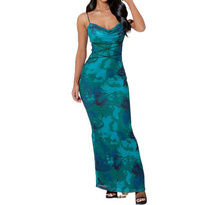 Damen Maxi-Kleid mit Wasserfallausschnitt und Spaghettiträgern