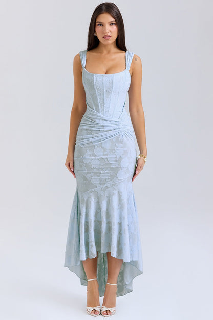 Damen Maxikleid Bateau Ausschnitt Floraltextur Asymmetrisch Norvielle
