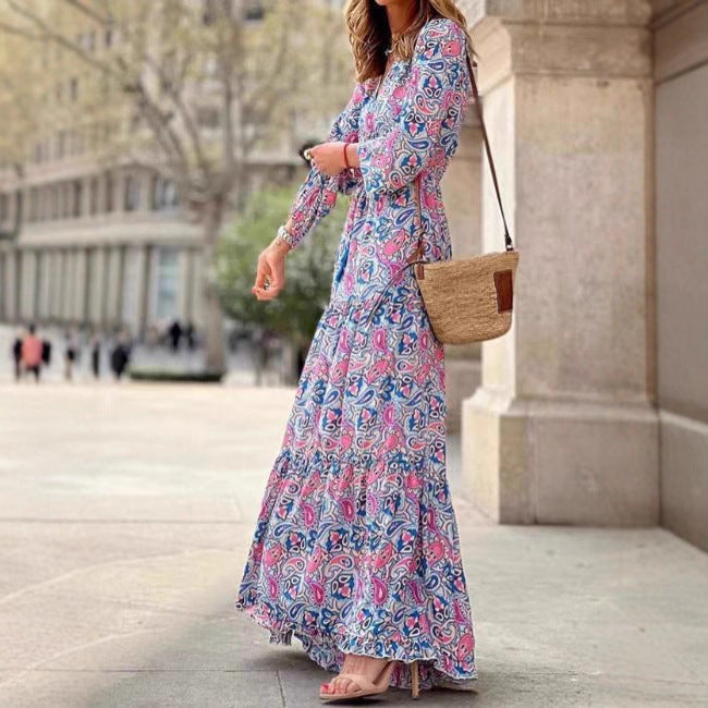 Damen Maxi-Kleid Florales Muster V-Ausschnitt - Norvielle