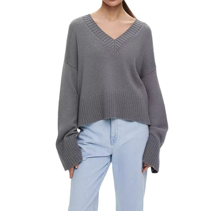Damen Strickpullover V-Ausschnitt Breite Bündchen Norvielle