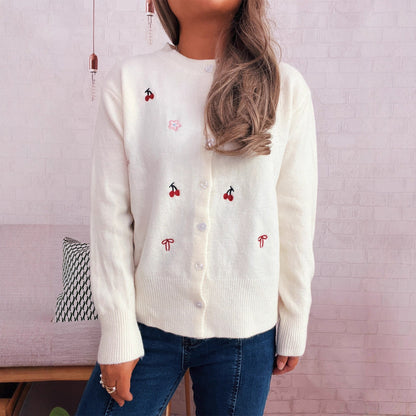 Damen Strickjacke Bunt Stickdesign Knopfverschluss