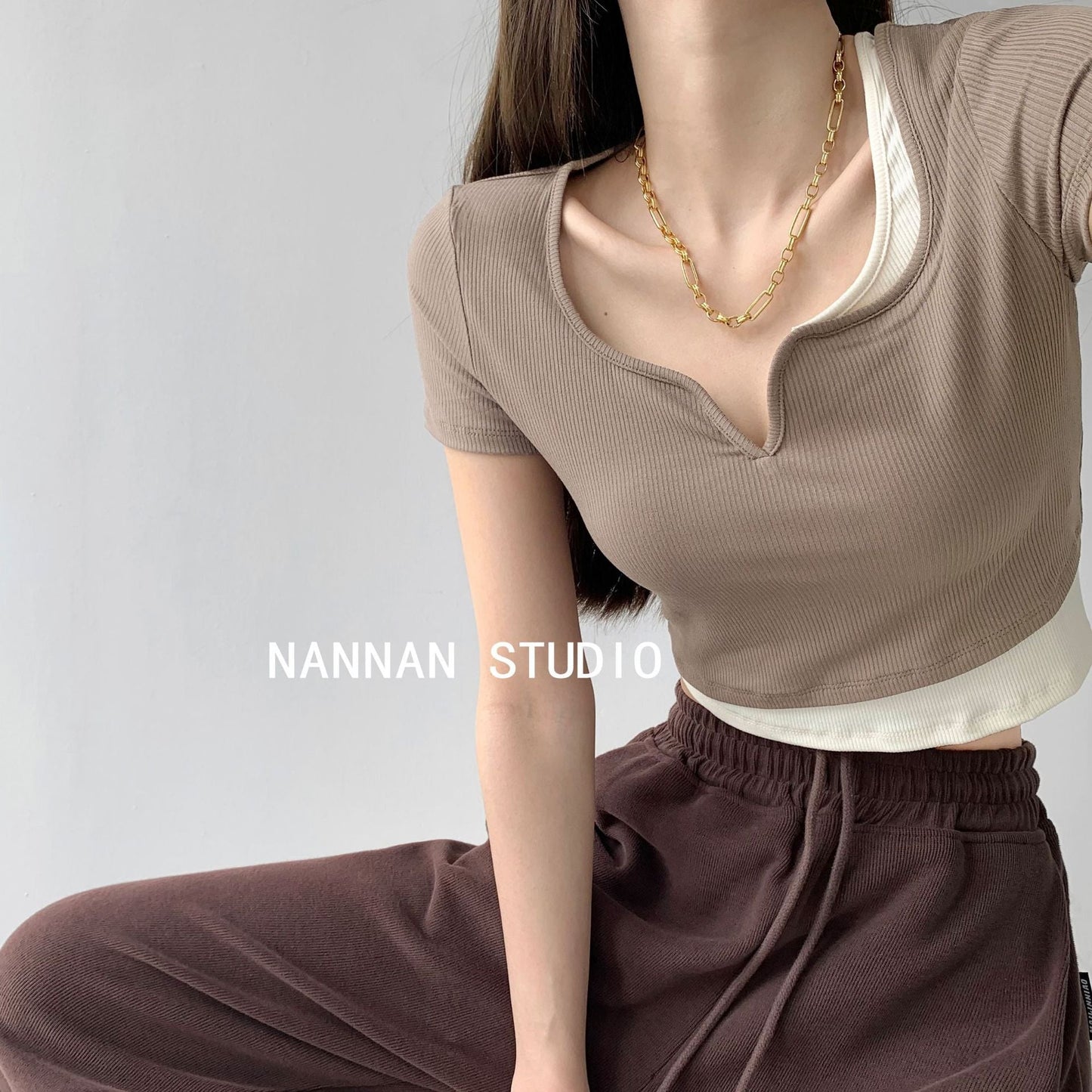 Damen Cropped Oberteil V-Ausschnitt Textur