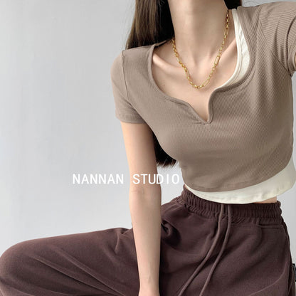 Damen Cropped Oberteil V-Ausschnitt Textur