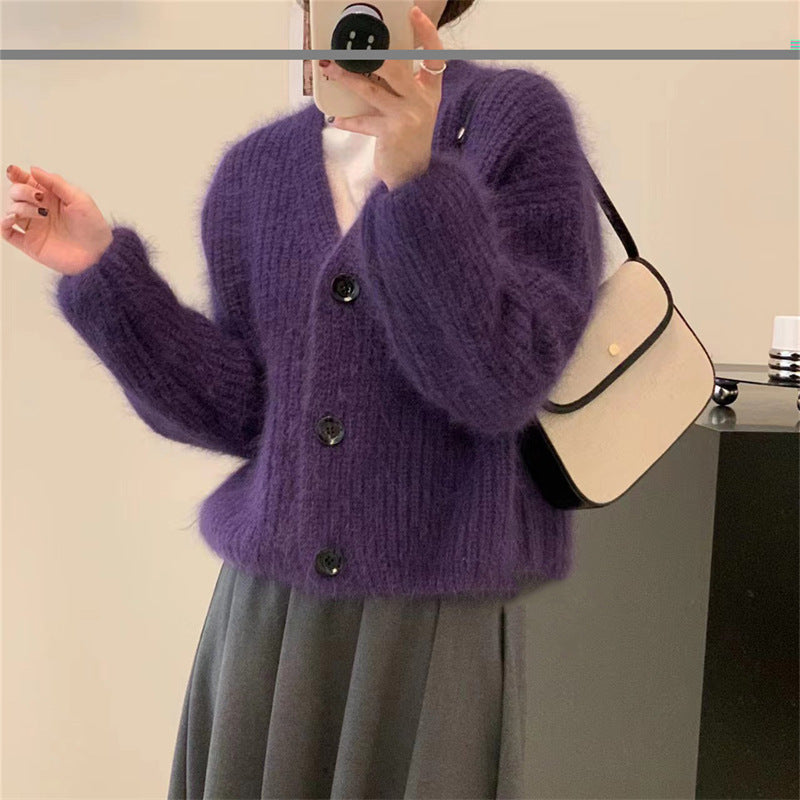 Damen Strickjacke Flausch Norvielle Lässig Knopf