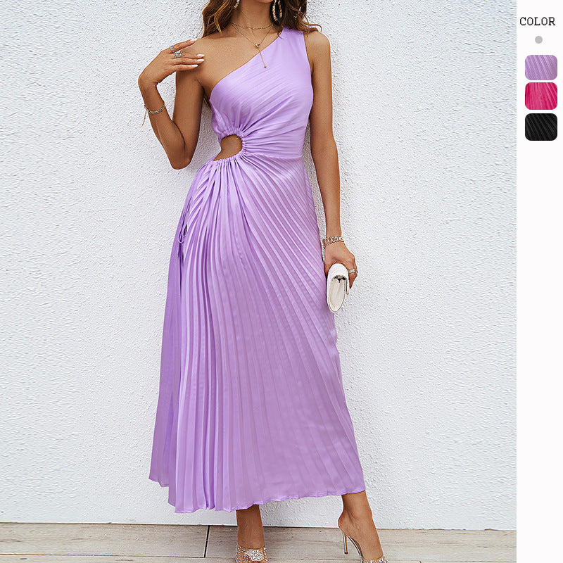 Damen Maxikleid Plissiert Asymmetrischer Träger Elegant Schwarz - Norvielle
