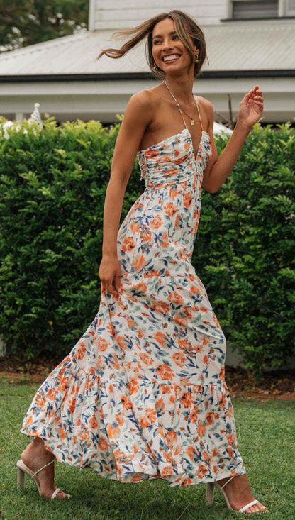 Damen Maxikleid Blumendruck Verstellbare Träger Norvielle