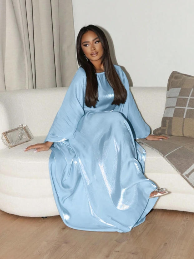 Damen Satin Maxikleid Weit Schnitt Elegante Ärmel Norvielle