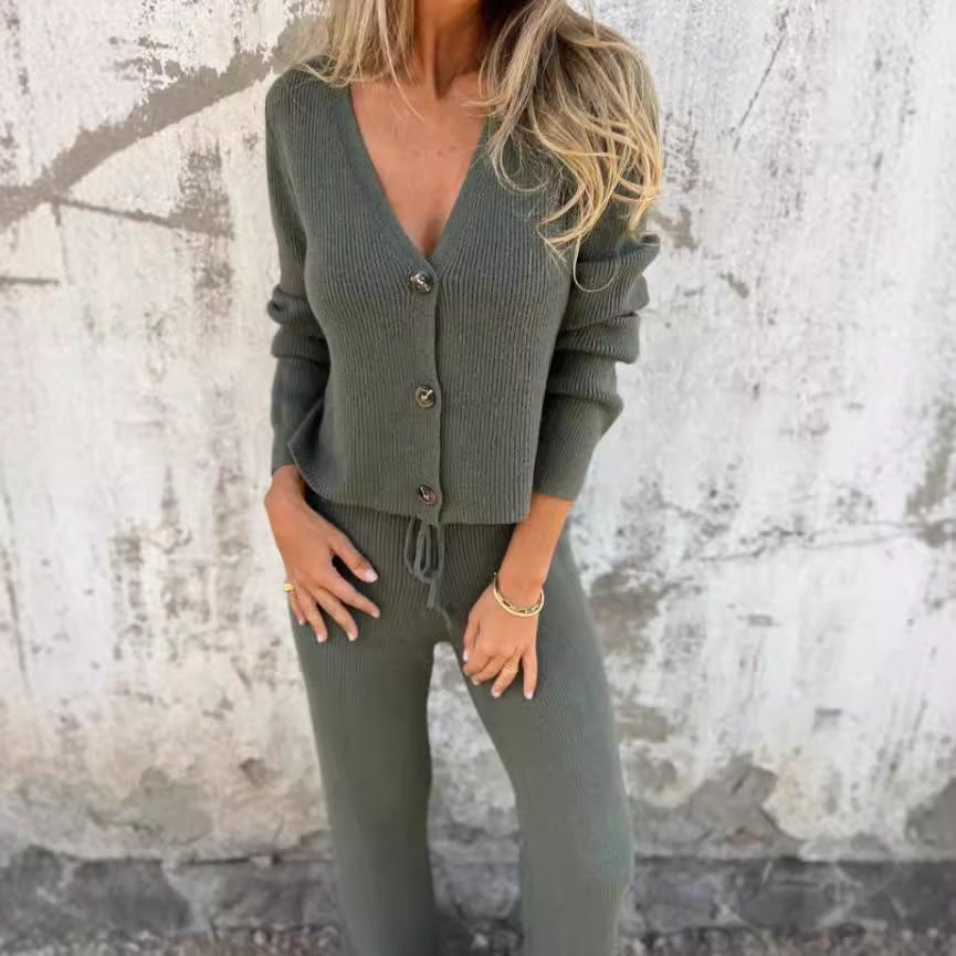 Damen Strickanzug V-Ausschnitt Elegant Knöpfe Norvielle