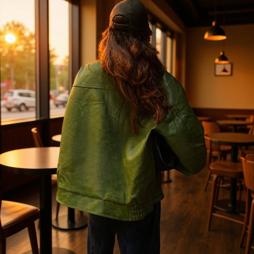 Damen Kunstlederjacke Lässig Mit Taschen Schwarz - Norvielle