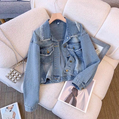 Damen Cropped Denimjacke Fransen Knöpfe