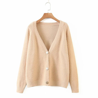 Damen Strickjacke Oversize Große Knöpfe Beige