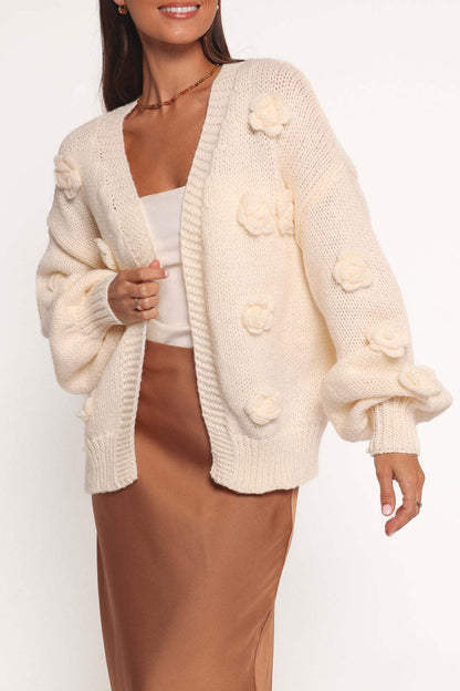 Damen Strickjacke Florales Design Voluminöse Ärmel Norvielle