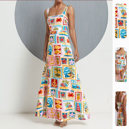 Damen Maxikleid Bunt Print Schmale Träger - Norvielle
