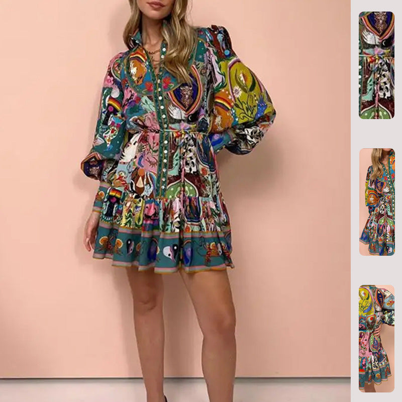 Damen Midikleid Bunt Tier- Blumenmuster Weite Ärmel - Norvielle